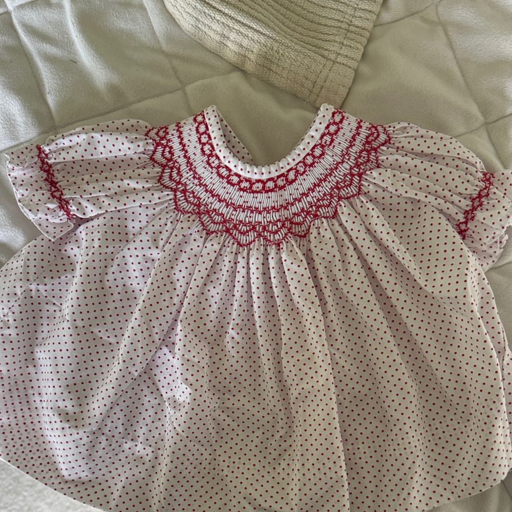 Charming Smocked Polka Dot Baby Girl Dress with Red Accents